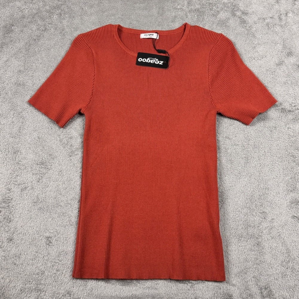 NWT Zeagoo Womens Ribbed Knit Short Sleeve Top Burnt Orange Crew‎ Neck Large